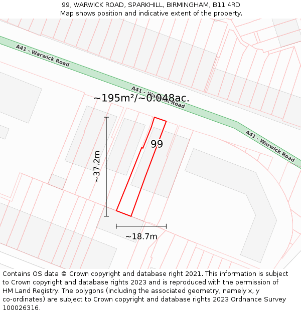 99, WARWICK ROAD, SPARKHILL, BIRMINGHAM, B11 4RD: Plot and title map