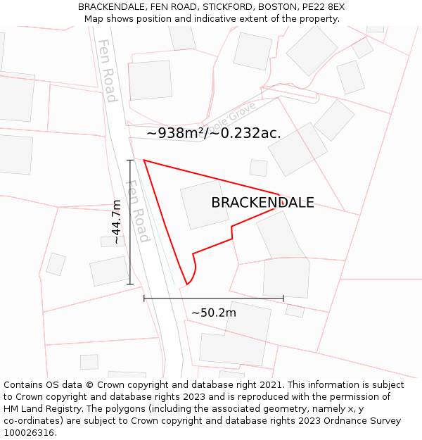 BRACKENDALE, FEN ROAD, STICKFORD, BOSTON, PE22 8EX: Plot and title map