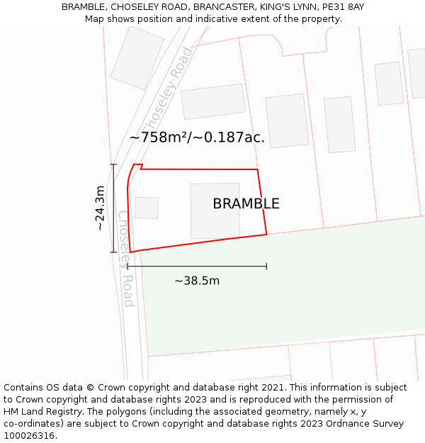 BRAMBLE, CHOSELEY ROAD, BRANCASTER, KING'S LYNN, PE31 8AY: Plot and title map