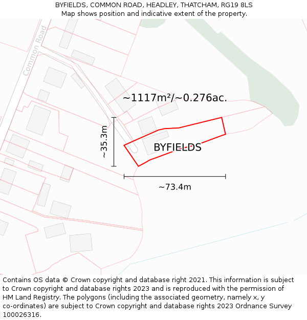 BYFIELDS, COMMON ROAD, HEADLEY, THATCHAM, RG19 8LS: Plot and title map