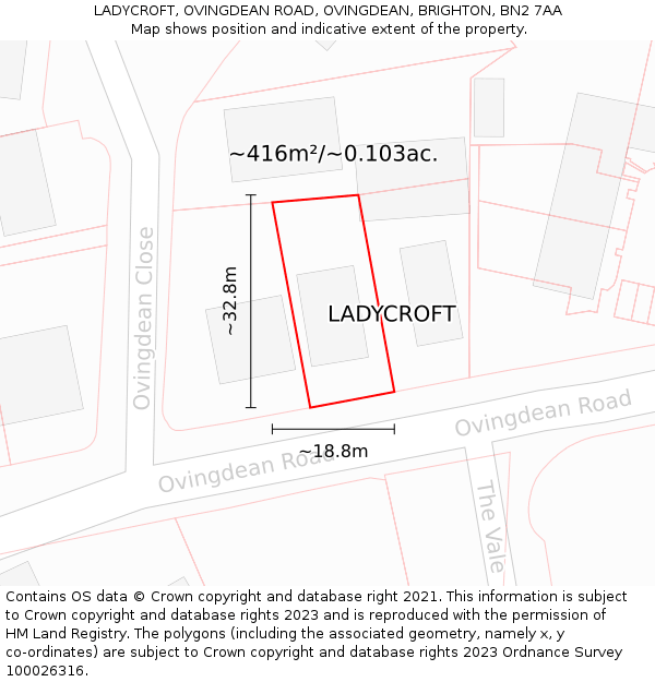 LADYCROFT, OVINGDEAN ROAD, OVINGDEAN, BRIGHTON, BN2 7AA: Plot and title map