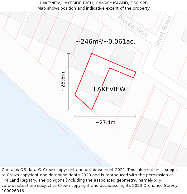 LAKEVIEW, LAKESIDE PATH, CANVEY ISLAND, SS8 9PB: Plot and title map