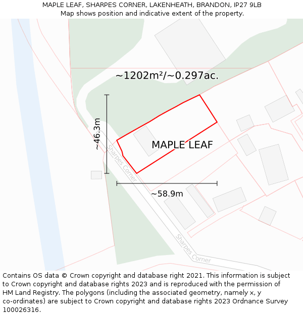 MAPLE LEAF, SHARPES CORNER, LAKENHEATH, BRANDON, IP27 9LB: Plot and title map