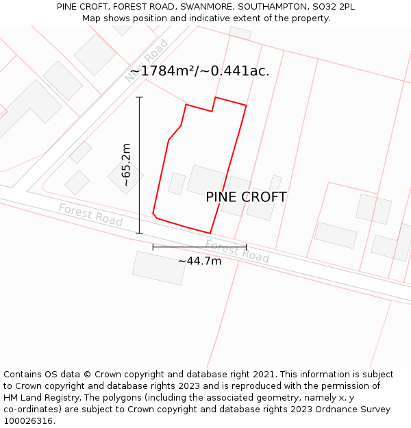PINE CROFT, FOREST ROAD, SWANMORE, SOUTHAMPTON, SO32 2PL: Plot and title map