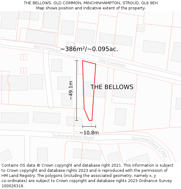 THE BELLOWS, OLD COMMON, MINCHINHAMPTON, STROUD, GL6 9EH: Plot and title map
