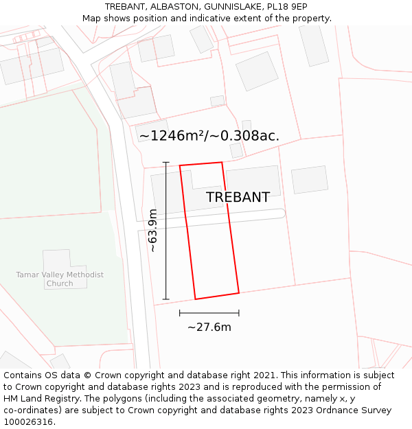 TREBANT, ALBASTON, GUNNISLAKE, PL18 9EP: Plot and title map