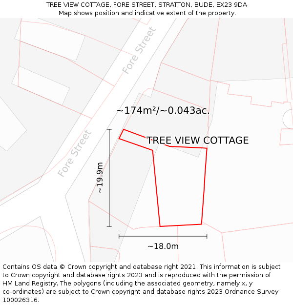 TREE VIEW COTTAGE, FORE STREET, STRATTON, BUDE, EX23 9DA: Plot and title map