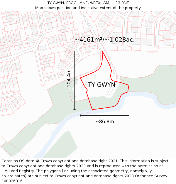 TY GWYN, FROG LANE, WREXHAM, LL13 0NT: Plot and title map