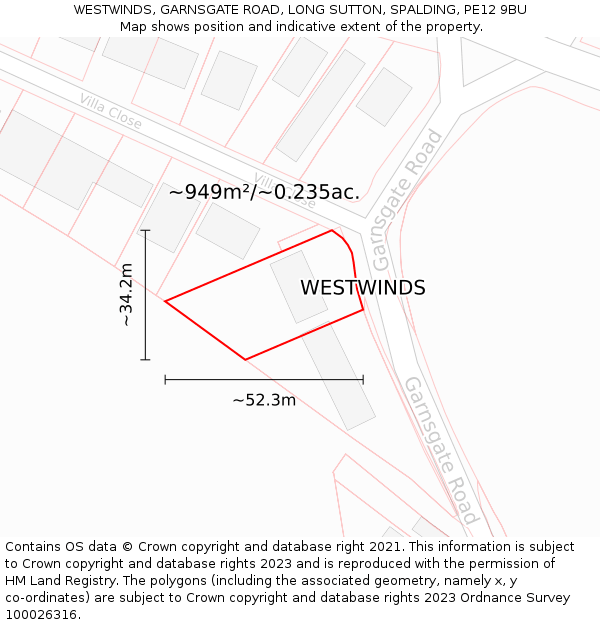 WESTWINDS, GARNSGATE ROAD, LONG SUTTON, SPALDING, PE12 9BU: Plot and title map