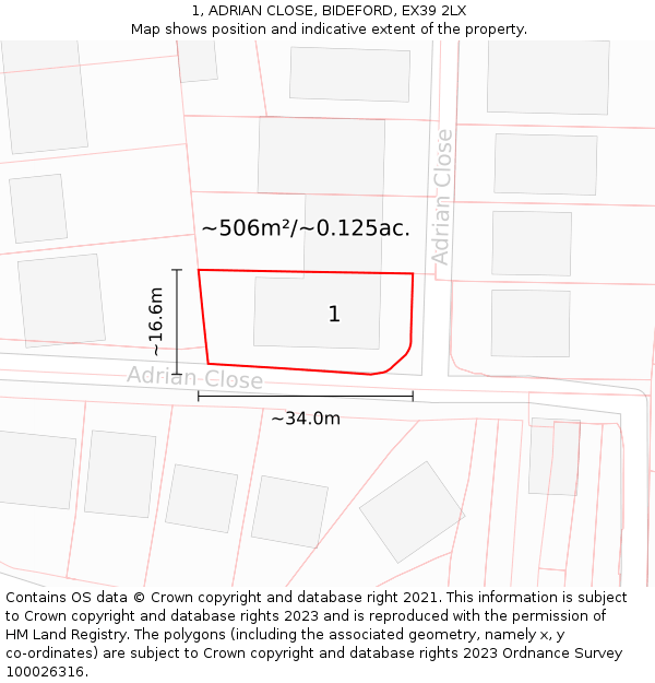 1, ADRIAN CLOSE, BIDEFORD, EX39 2LX: Plot and title map