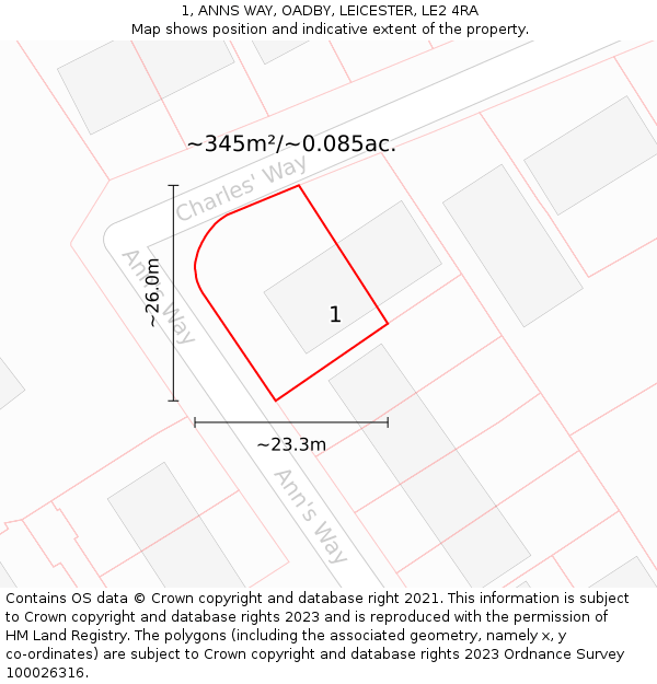 1, ANNS WAY, OADBY, LEICESTER, LE2 4RA: Plot and title map