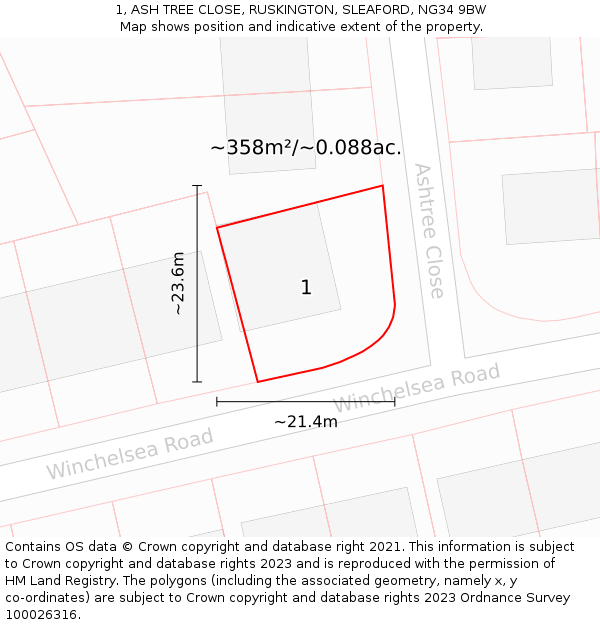 1, ASH TREE CLOSE, RUSKINGTON, SLEAFORD, NG34 9BW: Plot and title map