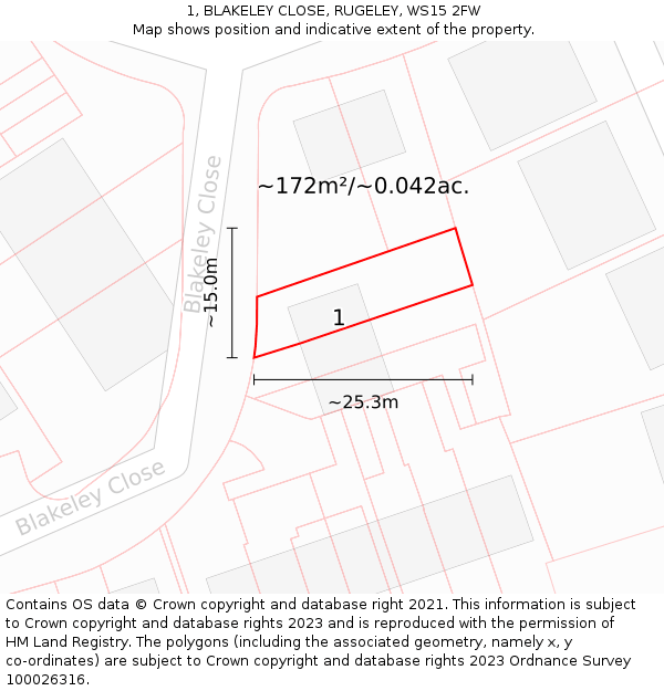 1, BLAKELEY CLOSE, RUGELEY, WS15 2FW: Plot and title map