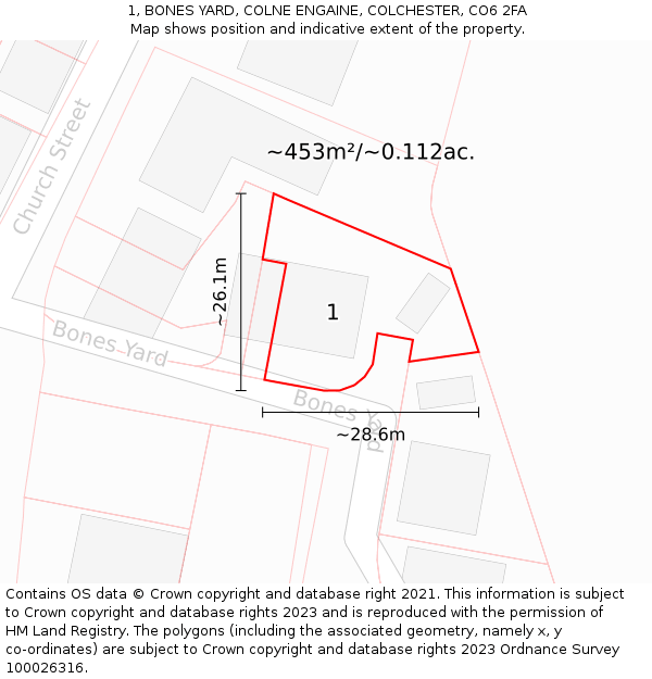 1, BONES YARD, COLNE ENGAINE, COLCHESTER, CO6 2FA: Plot and title map