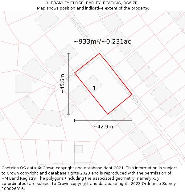1, BRAMLEY CLOSE, EARLEY, READING, RG6 7PL: Plot and title map