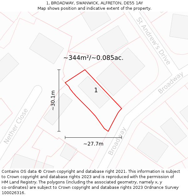 1, BROADWAY, SWANWICK, ALFRETON, DE55 1AY: Plot and title map