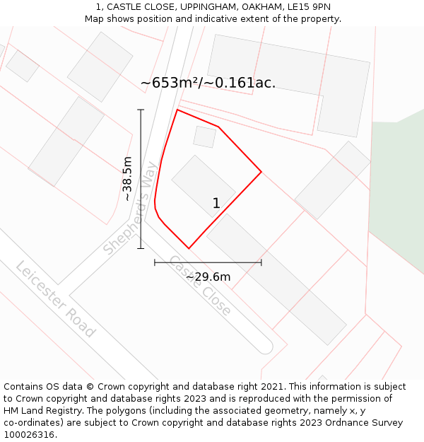1, CASTLE CLOSE, UPPINGHAM, OAKHAM, LE15 9PN: Plot and title map