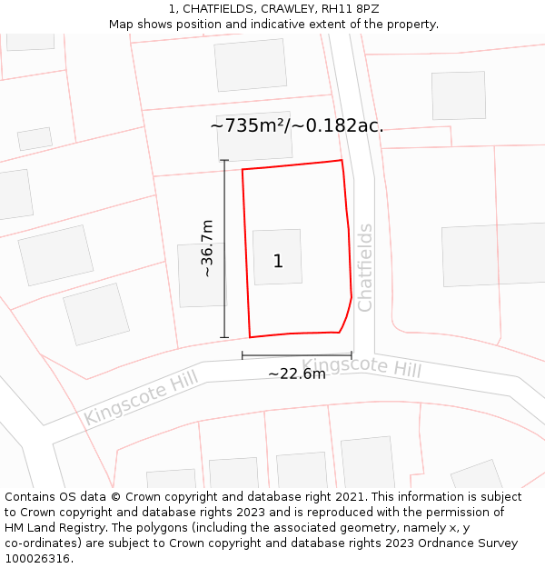 1, CHATFIELDS, CRAWLEY, RH11 8PZ: Plot and title map