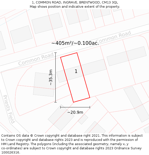 1, COMMON ROAD, INGRAVE, BRENTWOOD, CM13 3QL: Plot and title map