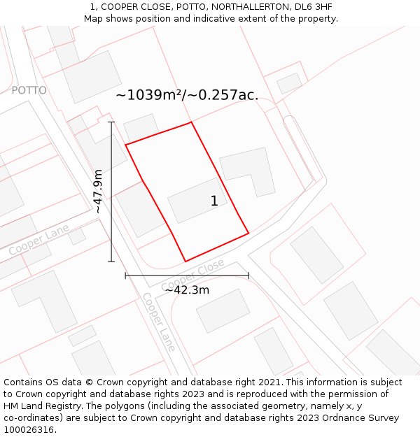 1, COOPER CLOSE, POTTO, NORTHALLERTON, DL6 3HF: Plot and title map