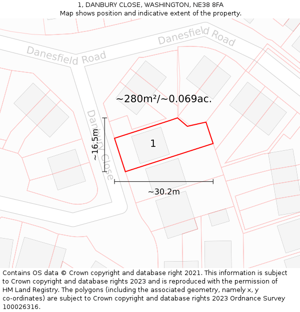 1, DANBURY CLOSE, WASHINGTON, NE38 8FA: Plot and title map