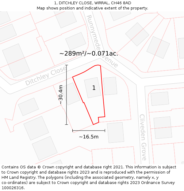 1, DITCHLEY CLOSE, WIRRAL, CH46 8AD: Plot and title map