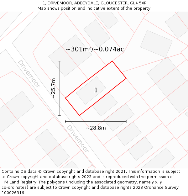 1, DRIVEMOOR, ABBEYDALE, GLOUCESTER, GL4 5XP: Plot and title map