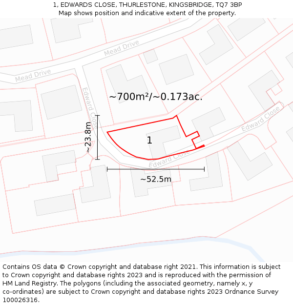 1, EDWARDS CLOSE, THURLESTONE, KINGSBRIDGE, TQ7 3BP: Plot and title map