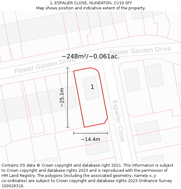 1, ESPALIER CLOSE, NUNEATON, CV10 0FY: Plot and title map