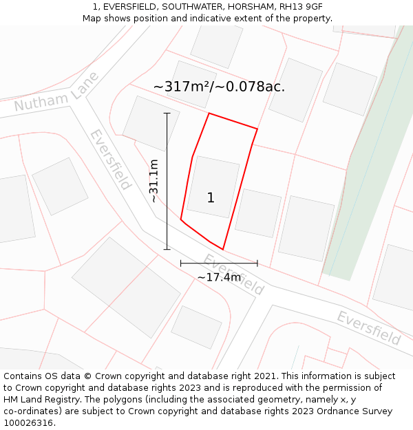 1, EVERSFIELD, SOUTHWATER, HORSHAM, RH13 9GF: Plot and title map