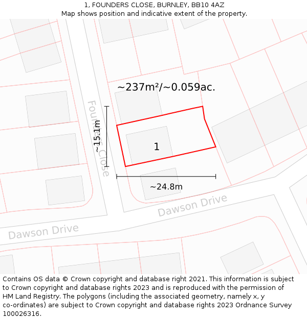 1, FOUNDERS CLOSE, BURNLEY, BB10 4AZ: Plot and title map