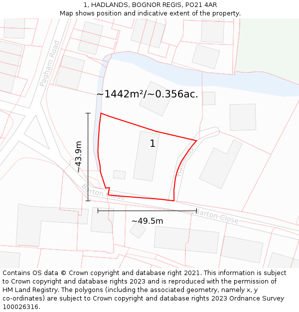 1, HADLANDS, BOGNOR REGIS, PO21 4AR: Plot and title map