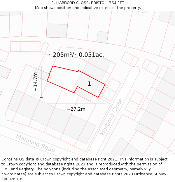 1, HARBORD CLOSE, BRISTOL, BS4 1FT: Plot and title map