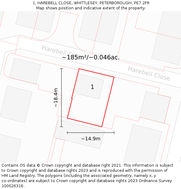1, HAREBELL CLOSE, WHITTLESEY, PETERBOROUGH, PE7 2FR: Plot and title map