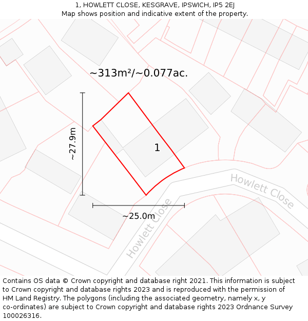 1, HOWLETT CLOSE, KESGRAVE, IPSWICH, IP5 2EJ: Plot and title map