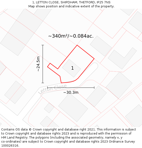 1, LETTON CLOSE, SHIPDHAM, THETFORD, IP25 7NS: Plot and title map