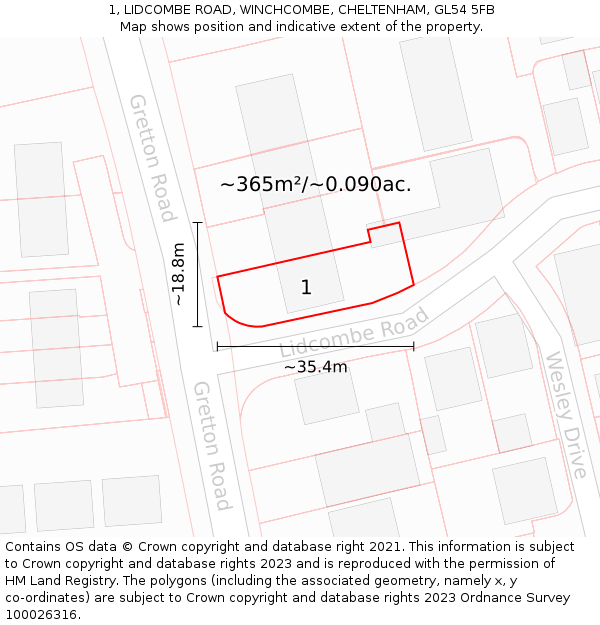 1, LIDCOMBE ROAD, WINCHCOMBE, CHELTENHAM, GL54 5FB: Plot and title map