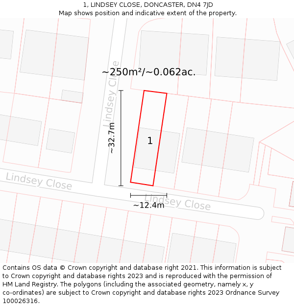1, LINDSEY CLOSE, DONCASTER, DN4 7JD: Plot and title map