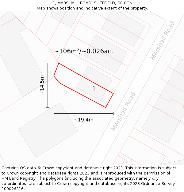 1, MARSHALL ROAD, SHEFFIELD, S8 0GN: Plot and title map
