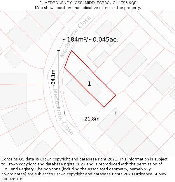 1, MEDBOURNE CLOSE, MIDDLESBROUGH, TS6 9QF: Plot and title map