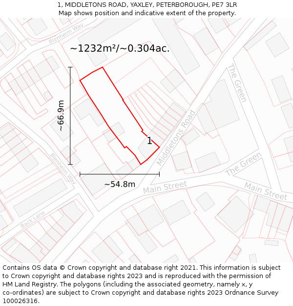 1, MIDDLETONS ROAD, YAXLEY, PETERBOROUGH, PE7 3LR: Plot and title map