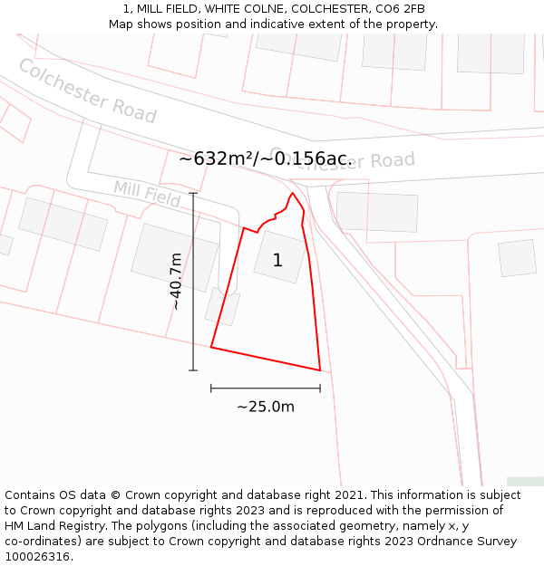 1, MILL FIELD, WHITE COLNE, COLCHESTER, CO6 2FB: Plot and title map