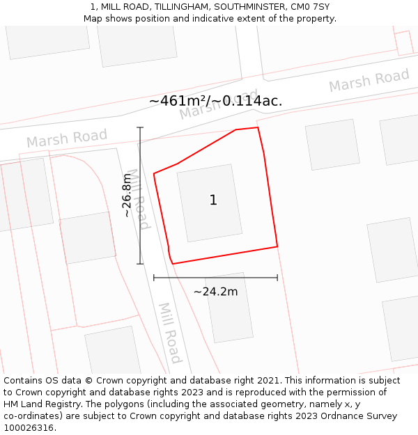 1, MILL ROAD, TILLINGHAM, SOUTHMINSTER, CM0 7SY: Plot and title map