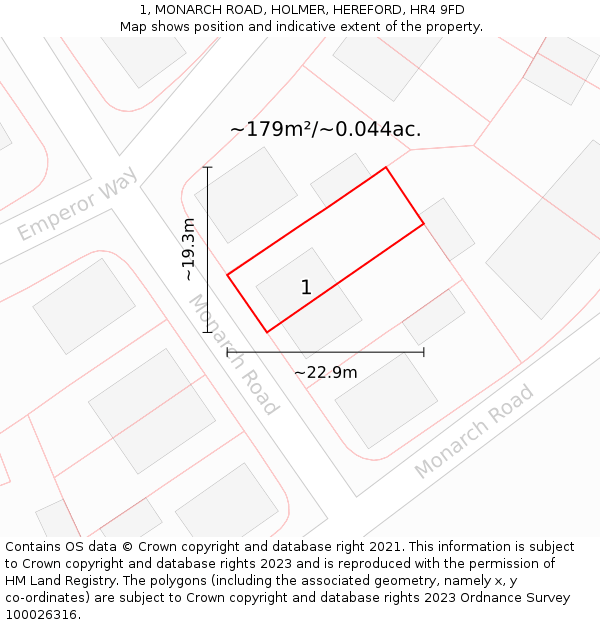 1, MONARCH ROAD, HOLMER, HEREFORD, HR4 9FD: Plot and title map