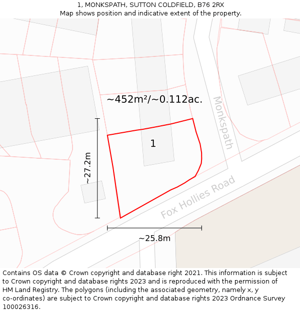 1, MONKSPATH, SUTTON COLDFIELD, B76 2RX: Plot and title map