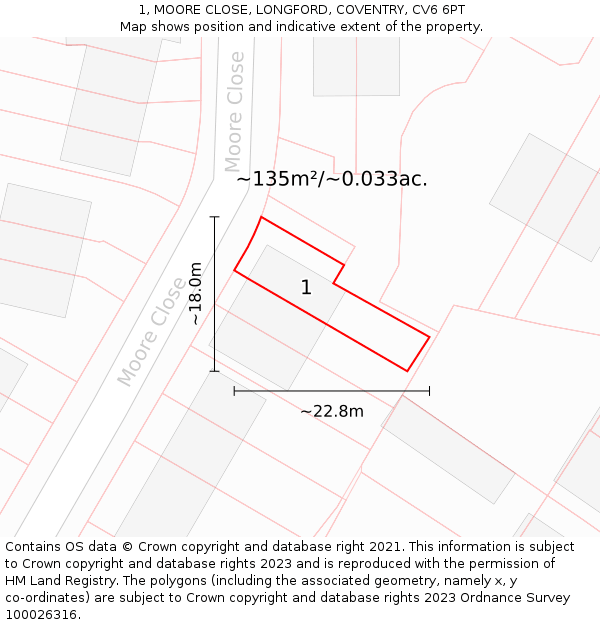 1, MOORE CLOSE, LONGFORD, COVENTRY, CV6 6PT: Plot and title map