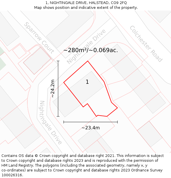 1, NIGHTINGALE DRIVE, HALSTEAD, CO9 2FQ: Plot and title map