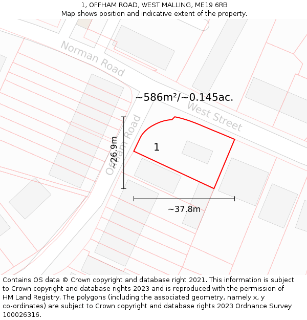 1, OFFHAM ROAD, WEST MALLING, ME19 6RB: Plot and title map