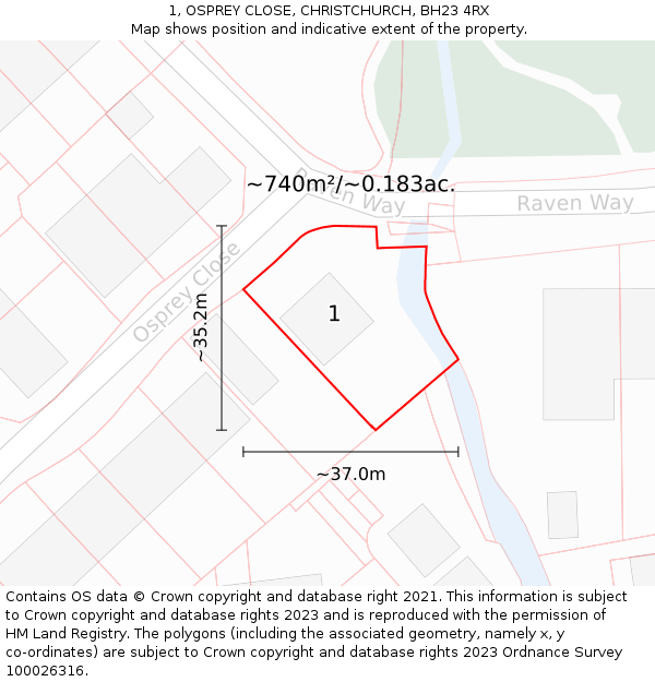 1, OSPREY CLOSE, CHRISTCHURCH, BH23 4RX: Plot and title map
