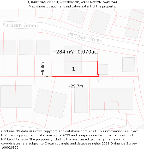 1, PARTISAN GREEN, WESTBROOK, WARRINGTON, WA5 7AA: Plot and title map